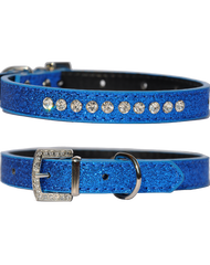 Candy finish blueberry coloured dog collar with rhinestone studs and a rhinestone buckle