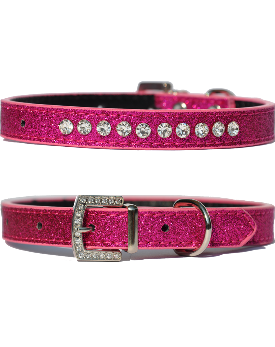 Candy finish cerise coloured dog collar with rhinestone studs and a rhinestone buckle