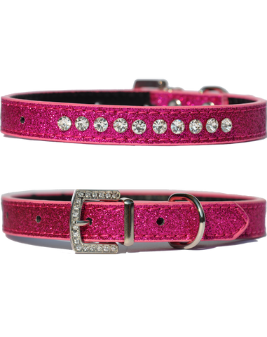 Candy finish cerise coloured dog collar with rhinestone studs and a rhinestone buckle