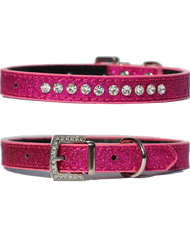 Candy finish cerise coloured dog collar with rhinestone studs and a rhinestone buckle