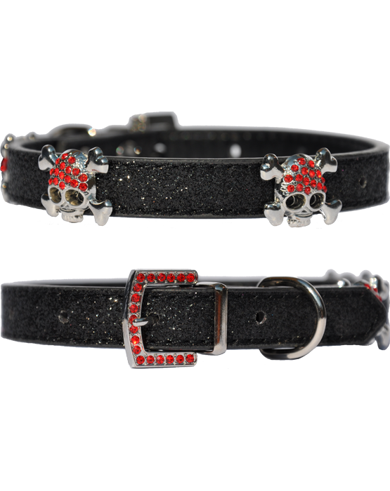 Candy finish black dog collar with buccaneer style skull and bone faux ruby clad studs and faux ruby buckle