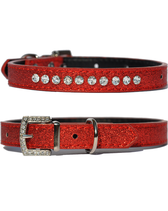 Candy finish strawberry coloured dog collar with rhinestone studs and a rhinestone buckle