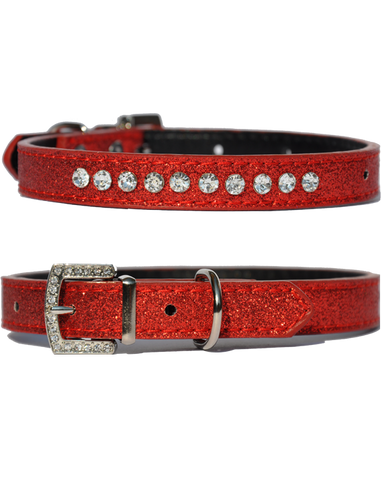Candy finish strawberry coloured dog collar with rhinestone studs and a rhinestone buckle