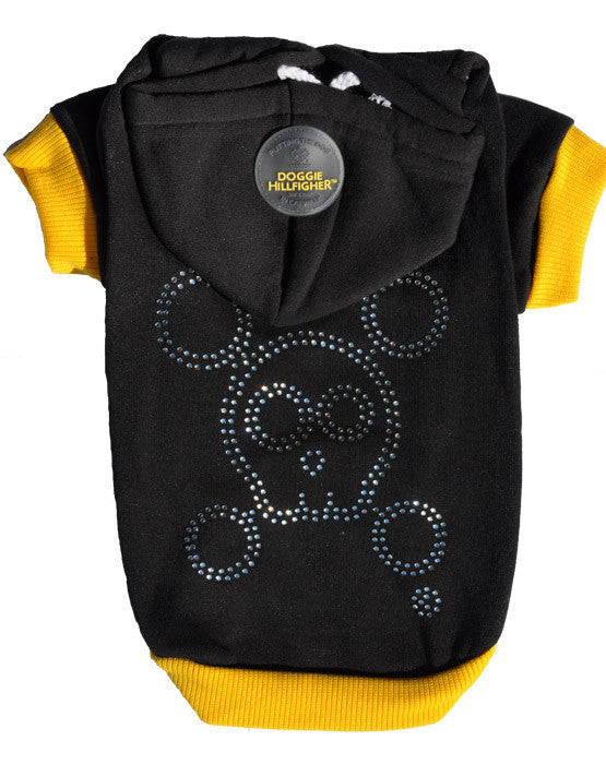 Black dog hoodie with yellow trimmings, diamante skull and rubber Doggie Hillfigher badge on hoodie.