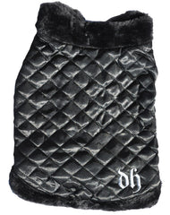 Black dog coat with fur trimmings and DH embroided in silver