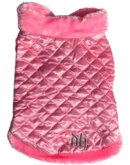 Pink dog coat with fur trimmings and DH embroided in silver