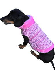 Pink dog coat with fur trimmings and DH embroided in silver