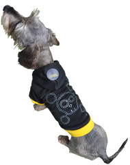 Black dog hoodie with yellow trimmings, diamante skull and rubber Doggie Hillfigher badge on hoodie.