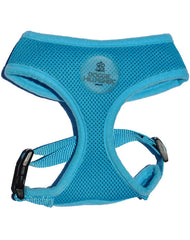 Blue soft dog harness with Doggie Hillfigher rubber badge and matching nylon lead