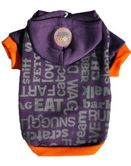 Purple dog hoodie with orange trimmings and silver words printed on the back with a Doggie Hillfigher rubber badge on the hoodie