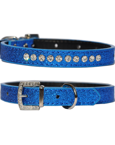 Candy finish blueberry coloured dog collar with rhinestone studs and a rhinestone buckle