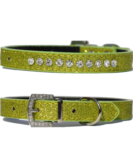 Candy finish lime coloured dog collar with rhinestone studs and a rhinestone buckle