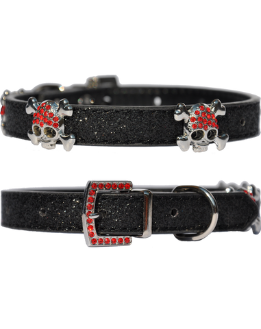 Candy finish black dog collar with buccaneer style skull and bone faux ruby clad studs and faux ruby buckle