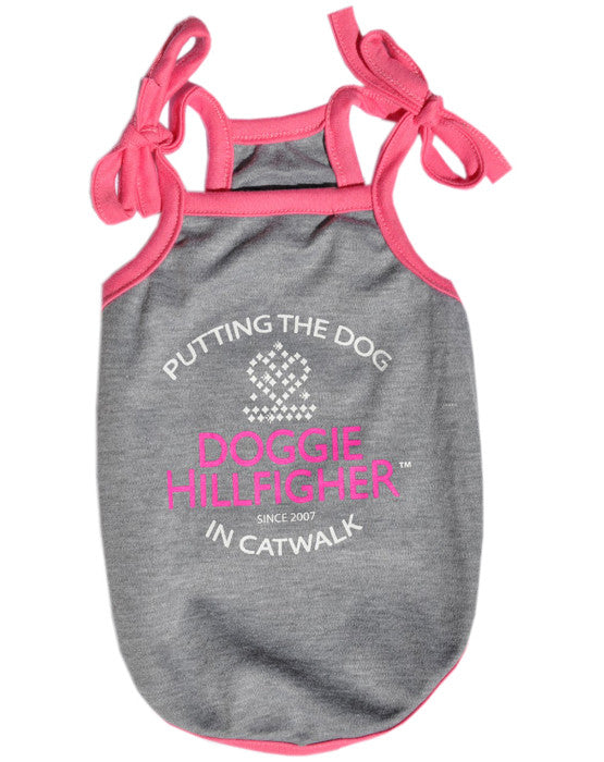 Grey spaghetti strap dog tshirt with pink trimmings and Doggie Hillfigher logo on
