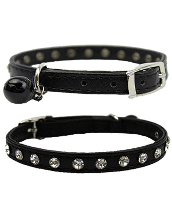 Black diamante cat & dog collar with bell and safety elastic