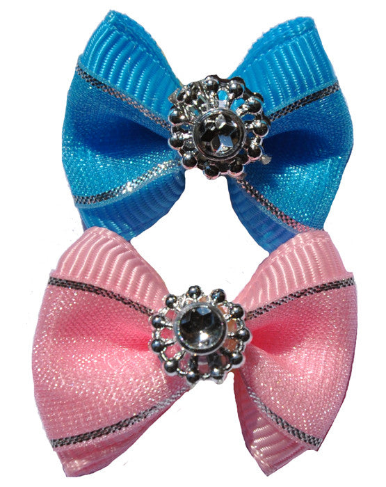 Dog hair bow with silver lining and jewel detail