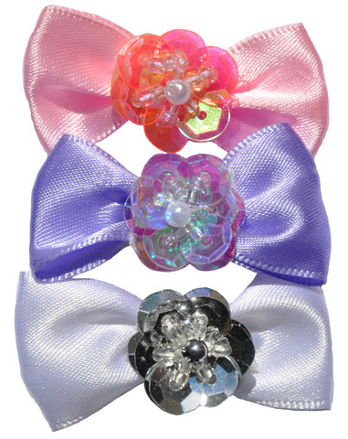 Satin dog hair bows with flower jewel detail