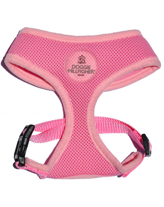 Pink soft dog harness with Doggie Hillfigher rubber badge and matching nylon lead