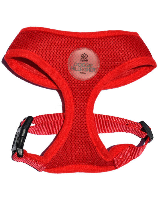 Red soft dog harness with Doggie Hillfigher rubber badge and matching nylon lead